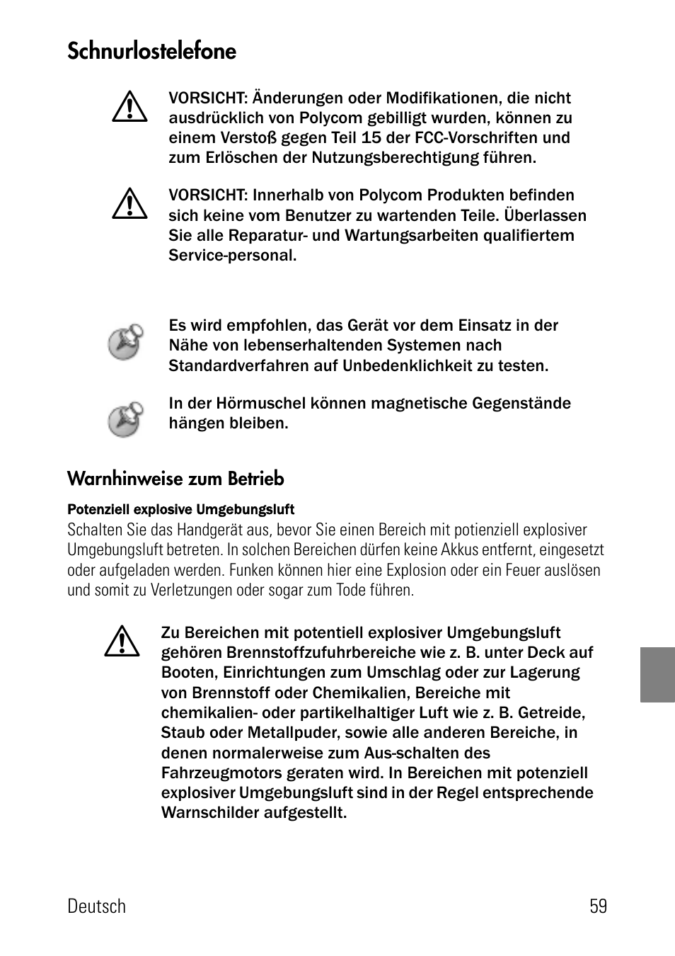 Schnurlostelefone, Warnhinweise zum betrieb | Polycom SpectraLink 1725-36024-001 User Manual | Page 59 / 95