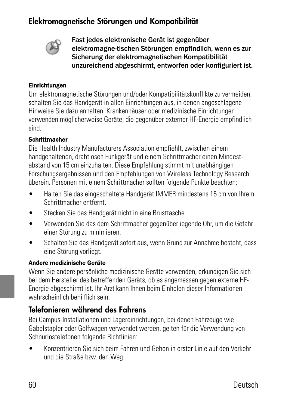 Elektromagnetische störungen und kompatibilität, Telefonieren während des fahrens | Polycom SpectraLink 1725-36024-001 User Manual | Page 60 / 95