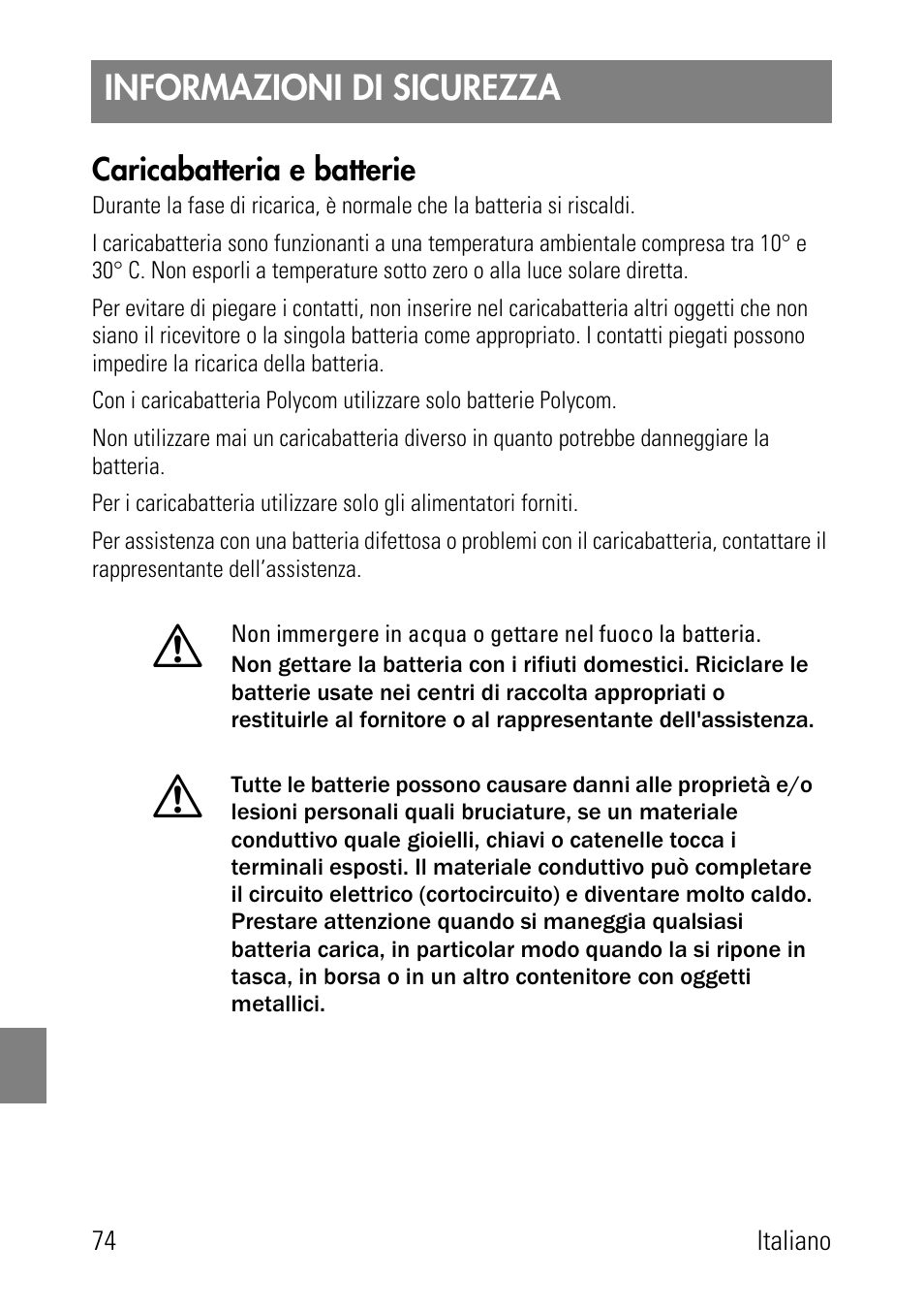 Informazioni di sicurezza, Caricabatteria e batterie | Polycom SpectraLink 1725-36024-001 User Manual | Page 74 / 95