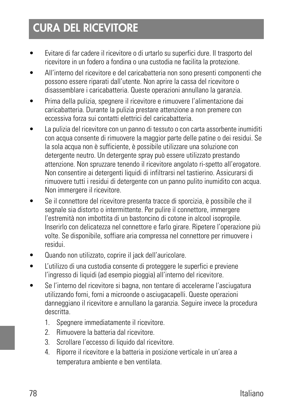 Cura del ricevitore | Polycom SpectraLink 1725-36024-001 User Manual | Page 78 / 95