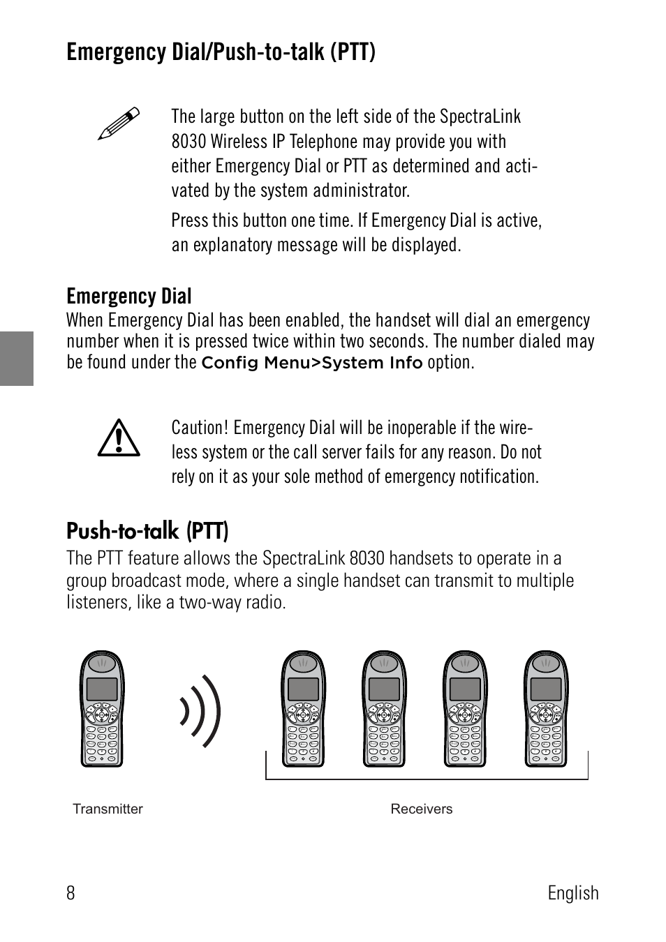 Emergency dial/push-to-talk (ptt), Emergency dial, Push-to-talk (ptt) | 8english, Option, Config menu>system info, Transmitter receivers | Polycom SpectraLink 1725-36024-001 User Manual | Page 8 / 95