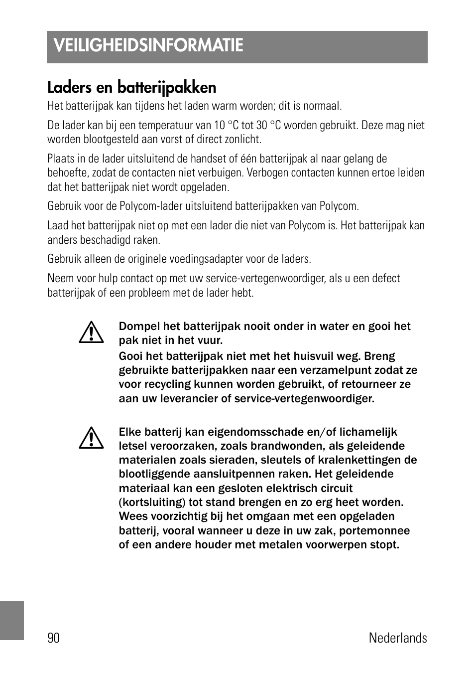 Veiligheidsinformatie, Laders en batterijpakken | Polycom SpectraLink 1725-36024-001 User Manual | Page 90 / 95