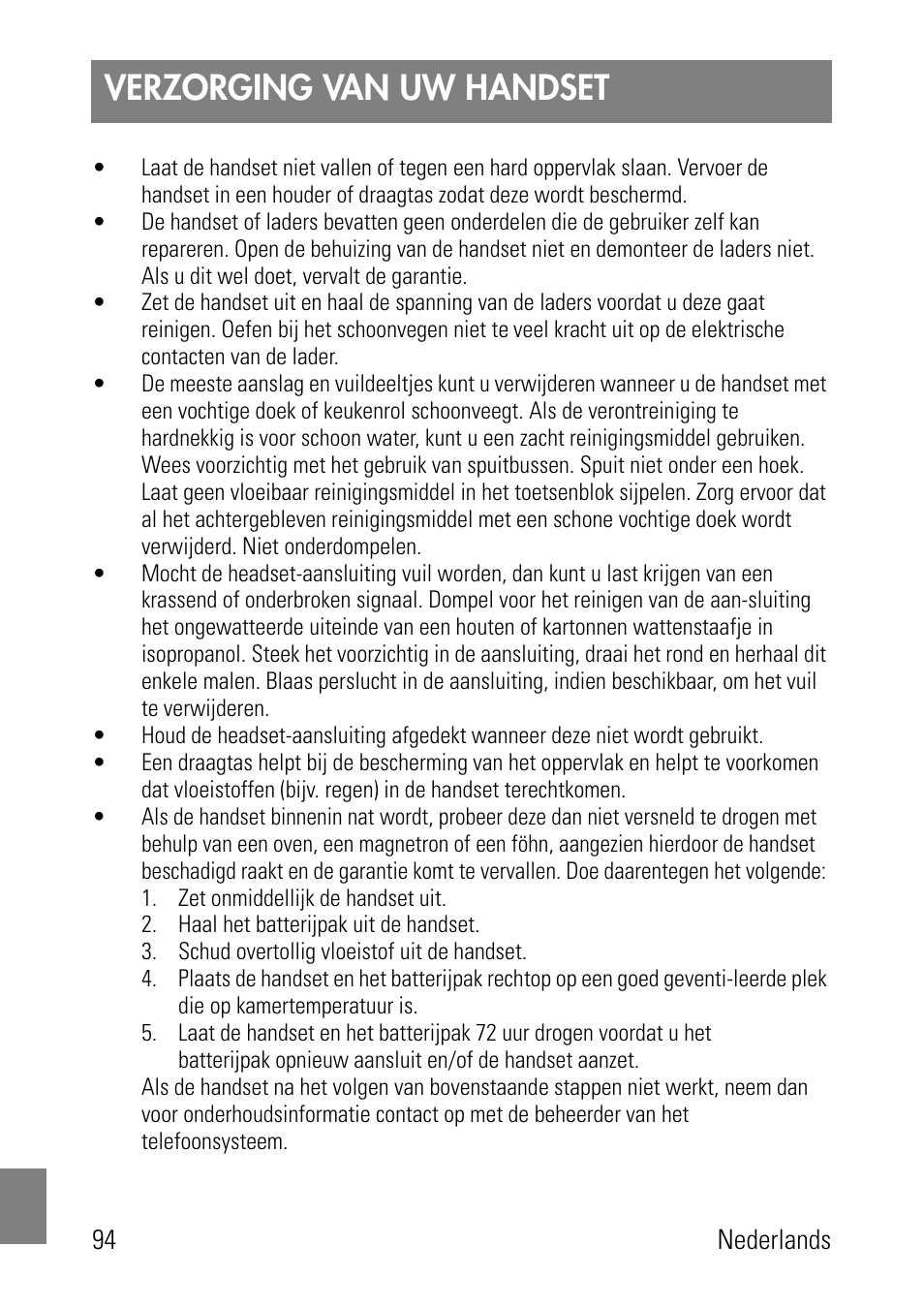 Verzorging van uw handset | Polycom SpectraLink 1725-36024-001 User Manual | Page 94 / 95