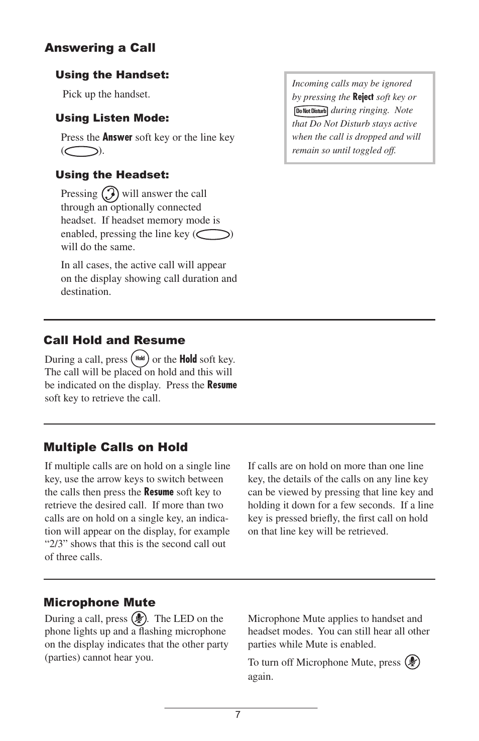 Answering a call, Call hold and resume, Multiple calls on hold | Microphone mute | Polycom IP 301 User Manual | Page 10 / 30