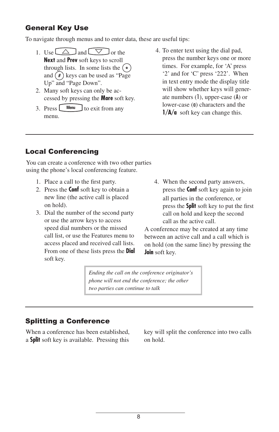 General key use, Local conferencing, Splitting a conference | Polycom IP 301 User Manual | Page 11 / 30