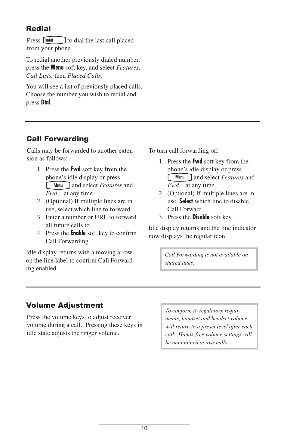 Redial, Call forwarding, Volume adjustment | Polycom IP 301 User Manual | Page 13 / 30