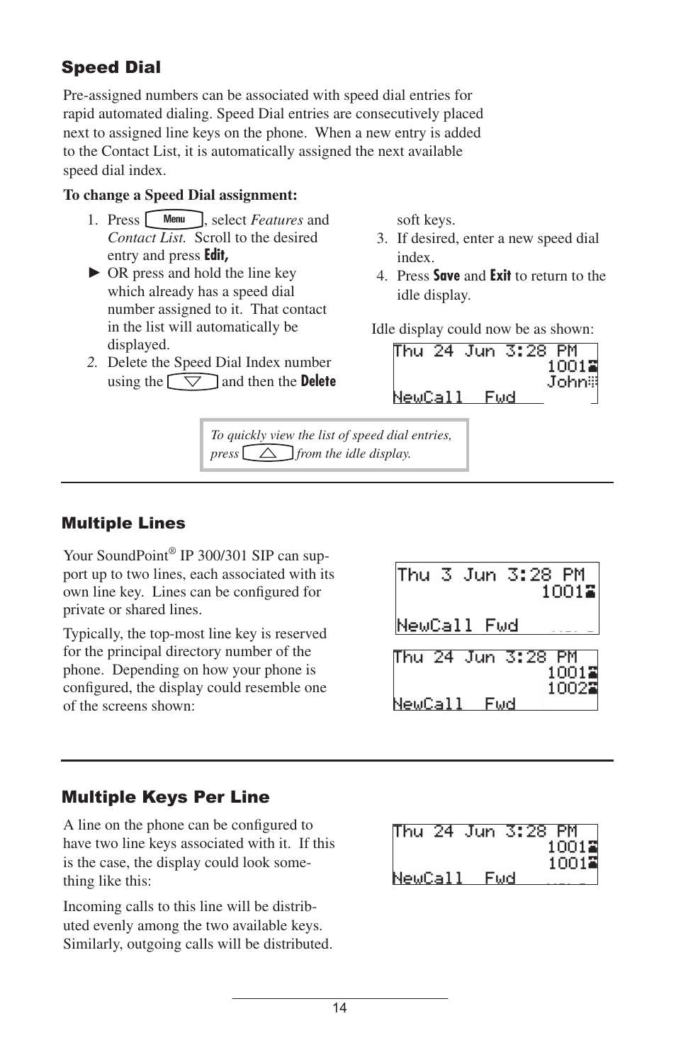 Speed dial, Multiple lines, Multiple keys per line | Polycom IP 301 User Manual | Page 17 / 30