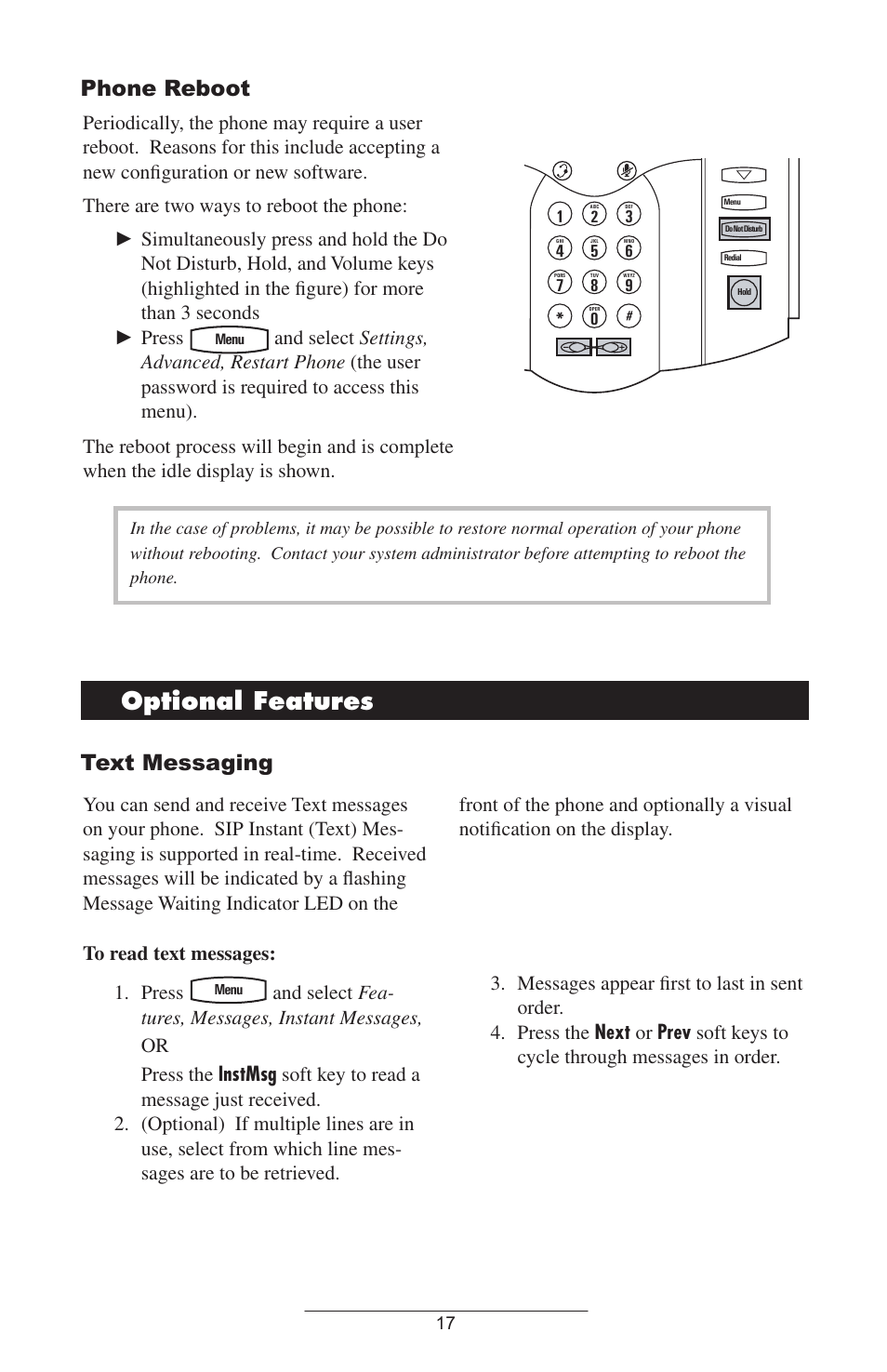 Phone reboot, Optional features, Text messaging | Polycom IP 301 User Manual | Page 20 / 30