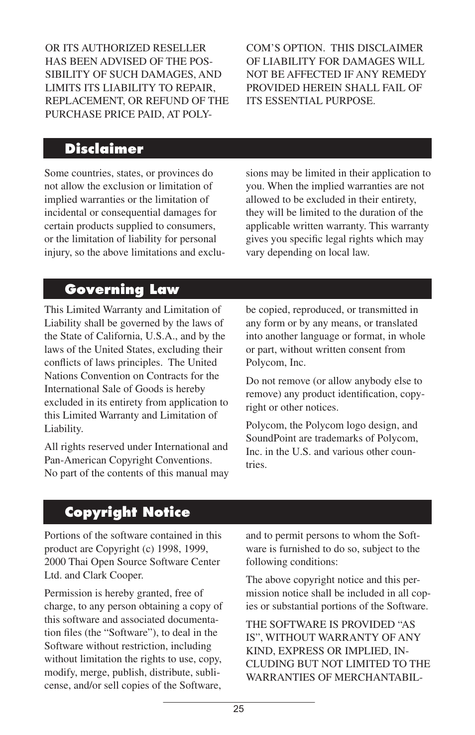 Disclaimer, Governing law, Copyright notice | Disclaimer governing law copyright notice | Polycom IP 301 User Manual | Page 28 / 30