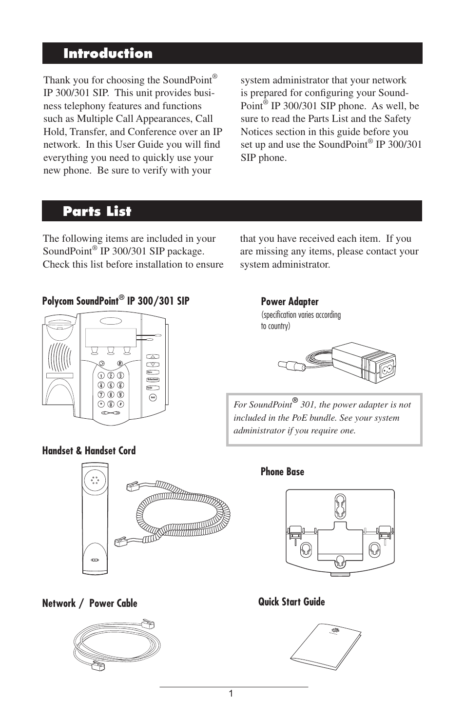 Introduction, Parts list, Introduction parts list | Phone base quick start guide, Speciﬁcation varies according to country), For soundpoint | Polycom IP 301 User Manual | Page 4 / 30