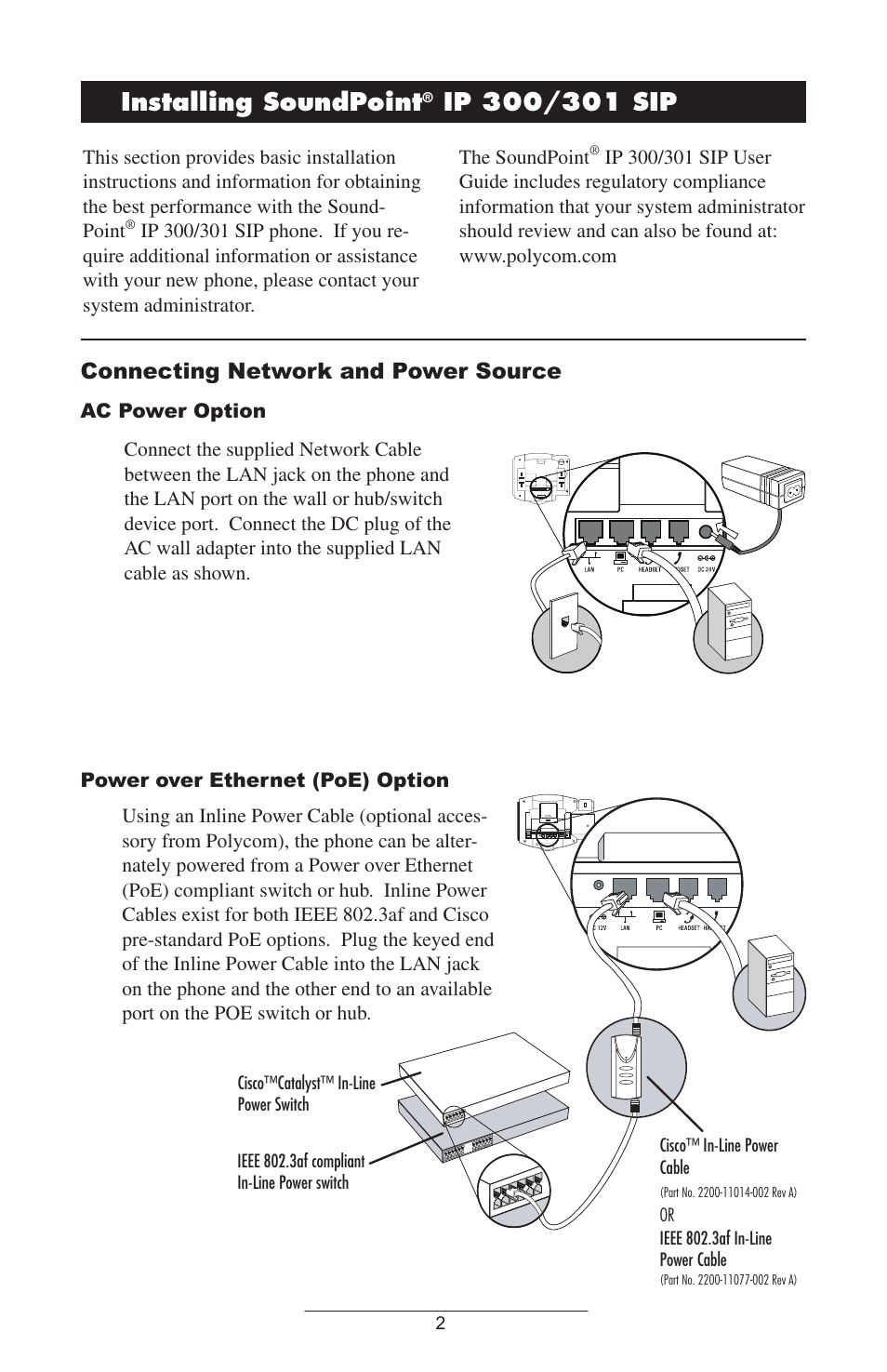 Installing soundpoint, Ip 300/301 sip, Connecting network and power source | Polycom IP 301 User Manual | Page 5 / 30