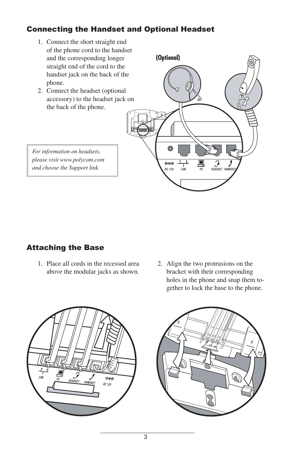 Connecting the handset and optional headset, Attaching the base | Polycom IP 301 User Manual | Page 6 / 30