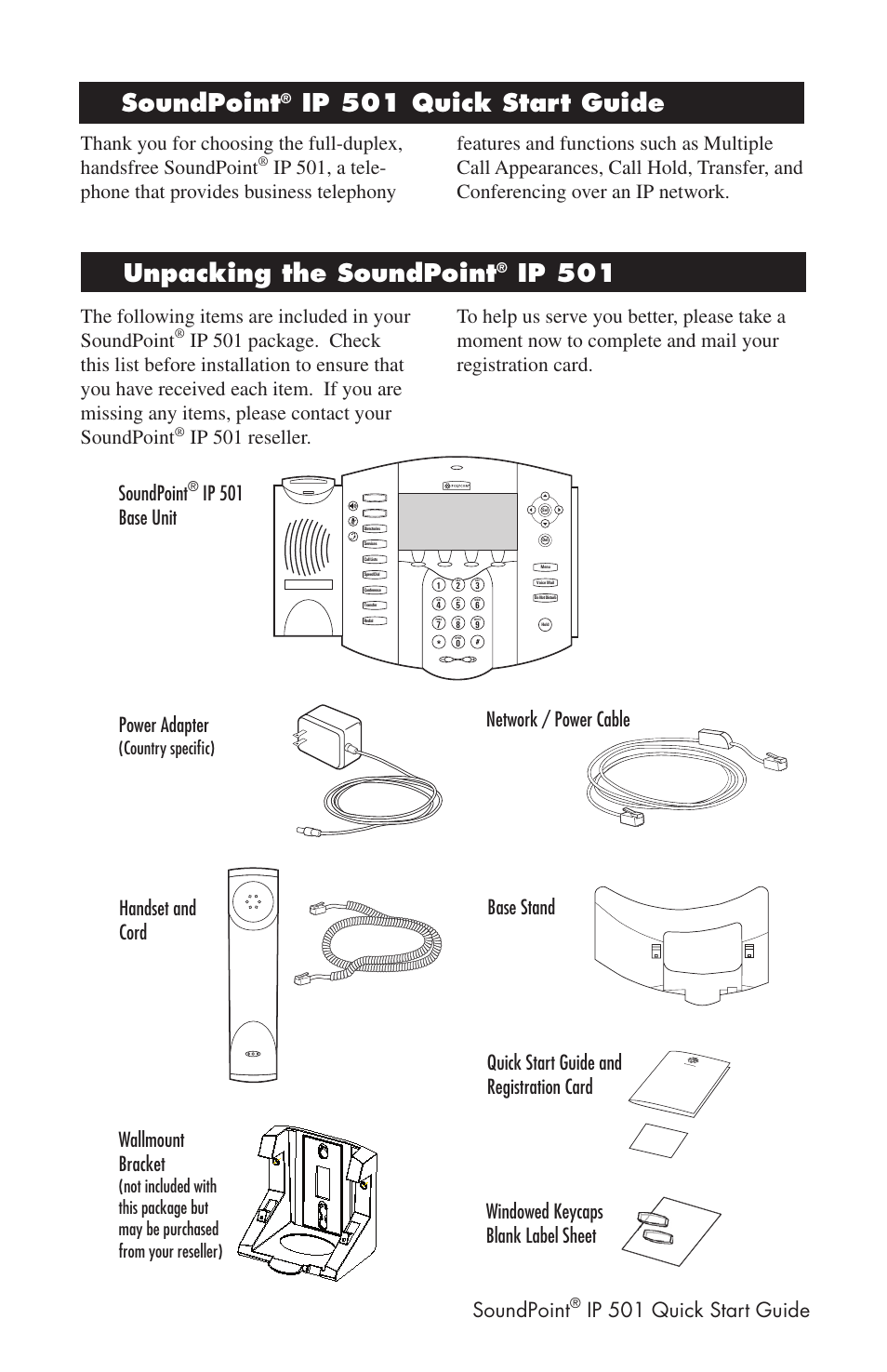 Unpacking the soundpoint, Ip 501 soundpoint, Soundpoint | Ip 501 quick start guide, Base stand network / power cable soundpoint, Country speciﬁc) | Polycom Telephone User Manual | Page 2 / 4