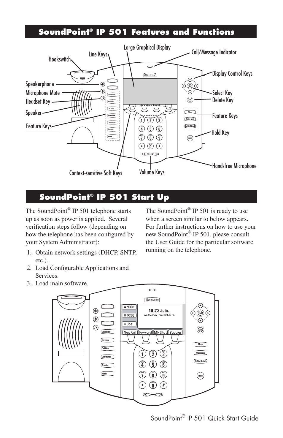 Ip 501 features and functions, Ip 501 start up, Soundpoint | Ip 501 quick start guide, The soundpoint | Polycom Telephone User Manual | Page 4 / 4