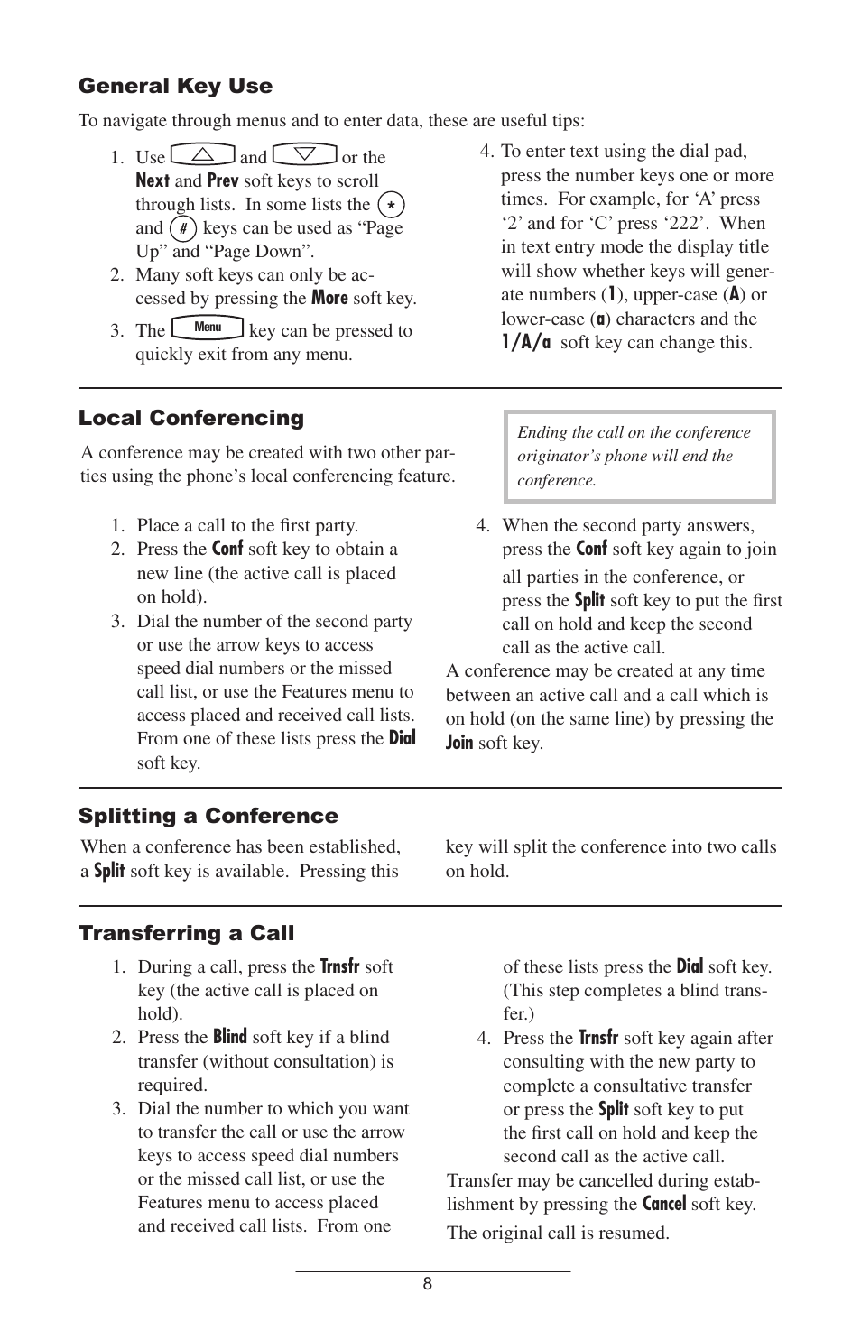 General key use, Local conferencing, Splitting a conference | Transferring a call | Polycom SOUNDPOINT IP 300 User Manual | Page 11 / 29