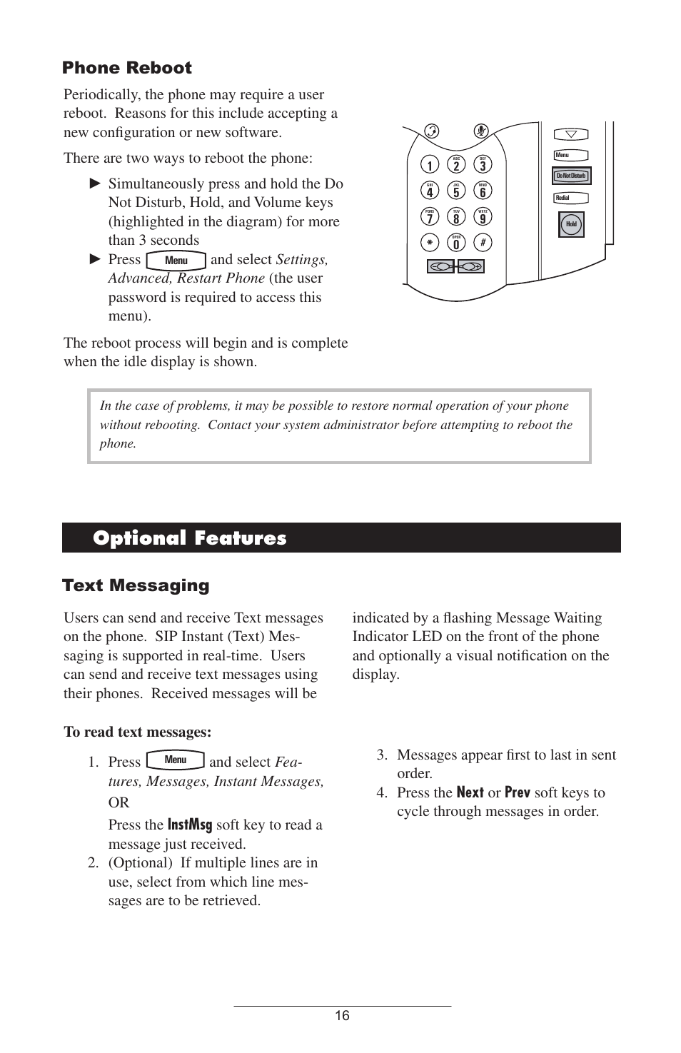 Phone reboot, Optional features, Ext messaging | Text messaging | Polycom SOUNDPOINT IP 300 User Manual | Page 19 / 29