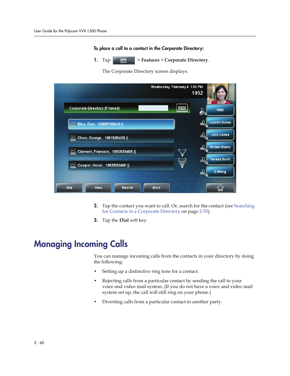 Managing incoming calls, Managing incoming calls -60 | Polycom VVXTM 1500 User Manual | Page 100 / 208