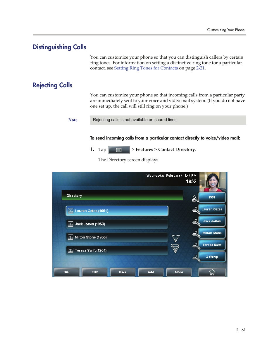 Distinguishing calls, Rejecting calls, Distinguishing calls -61 rejecting calls -61 | Polycom VVXTM 1500 User Manual | Page 101 / 208