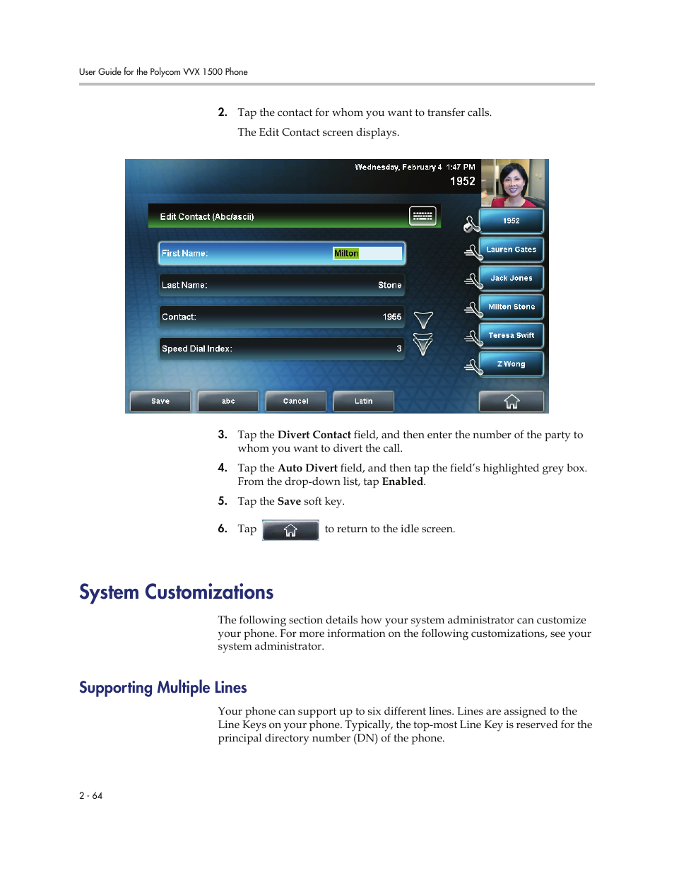 System customizations, Supporting multiple lines, System customizations -64 | Supporting multiple lines -64, System, Customizations | Polycom VVXTM 1500 User Manual | Page 104 / 208