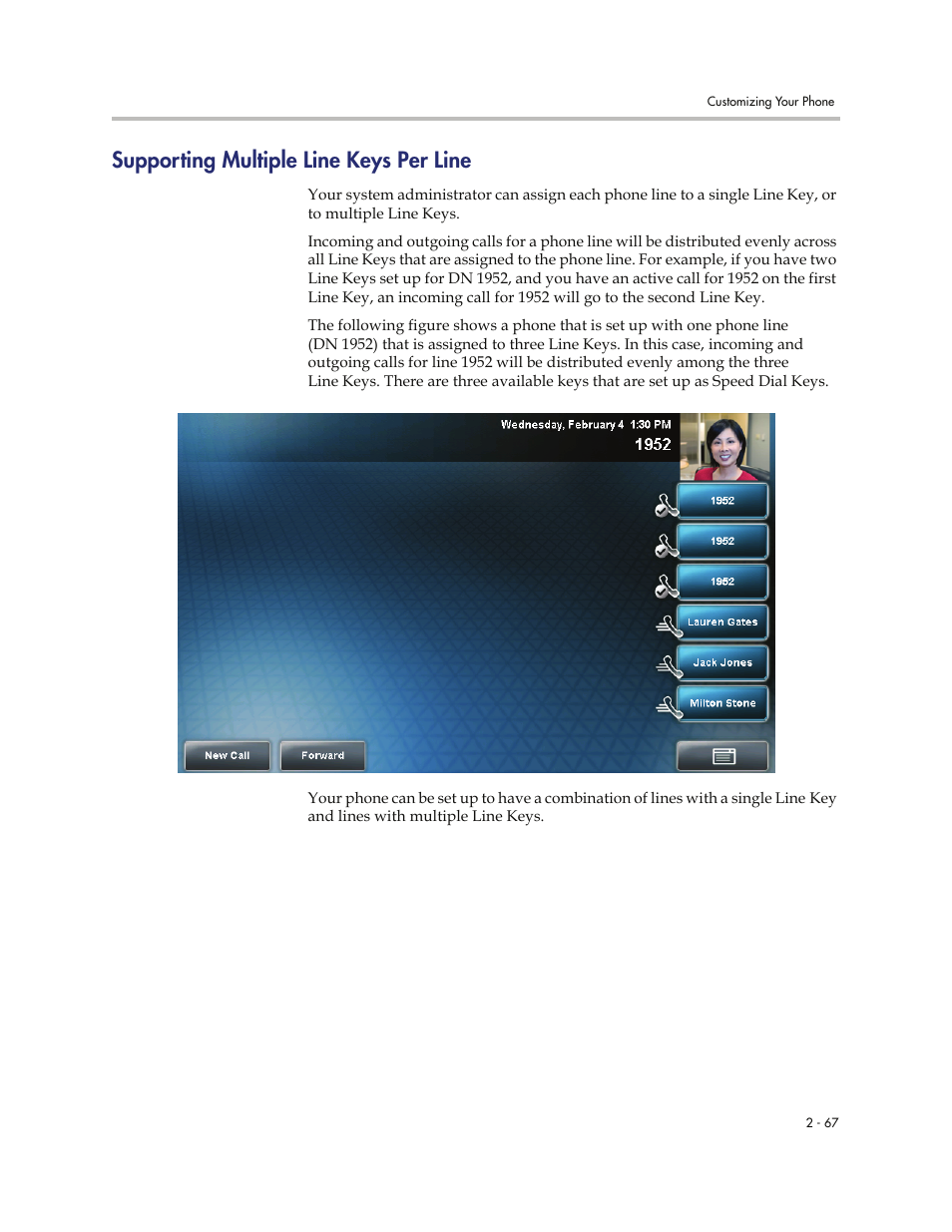 Supporting multiple line keys per line, Supporting multiple line keys per line -67 | Polycom VVXTM 1500 User Manual | Page 107 / 208