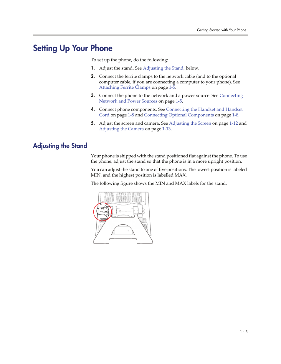 Setting up your phone, Adjusting the stand, Setting up your phone -3 | Adjusting the stand -3 | Polycom VVXTM 1500 User Manual | Page 11 / 208
