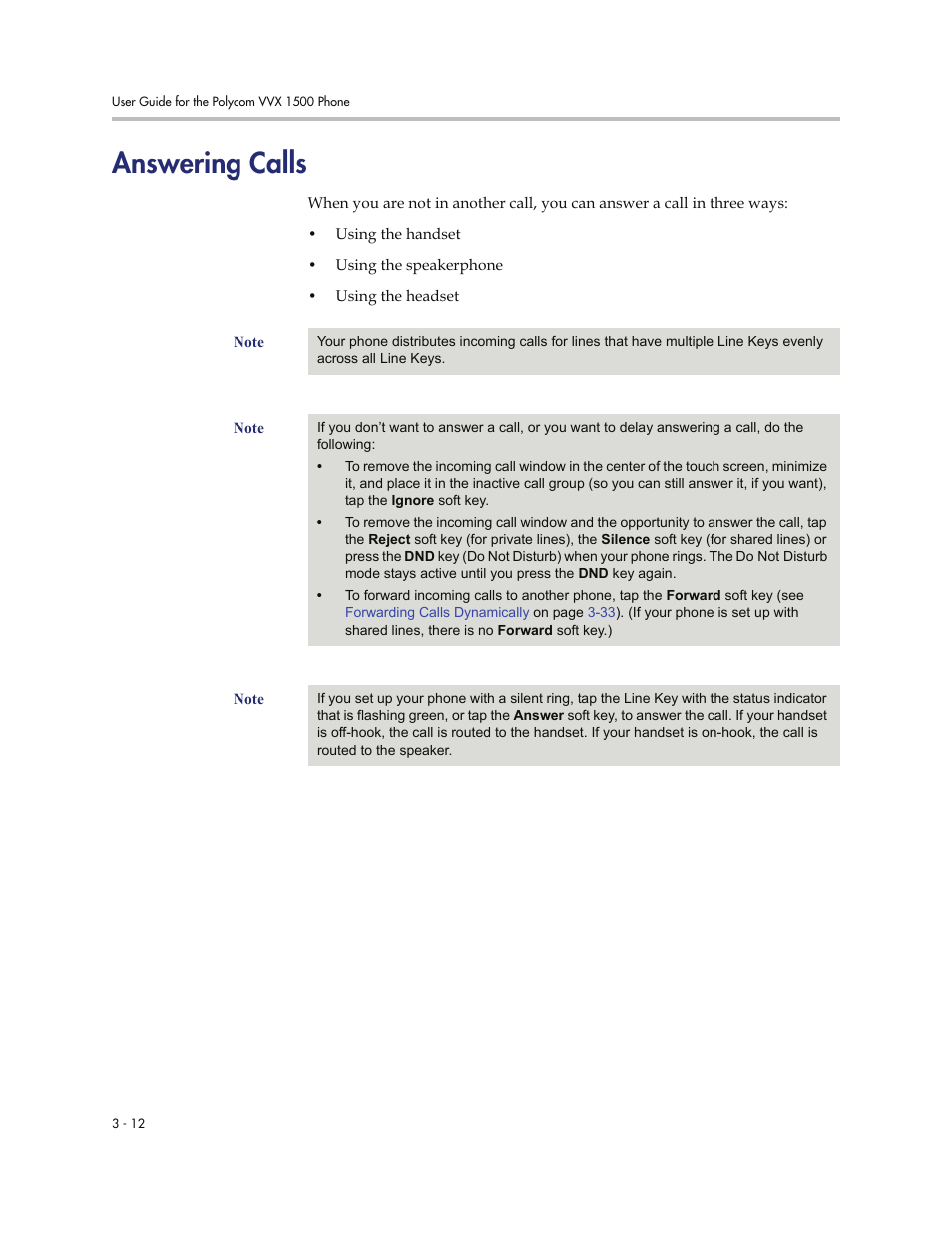 Answering calls, Answering calls -12, Answering | Calls, On p | Polycom VVXTM 1500 User Manual | Page 122 / 208