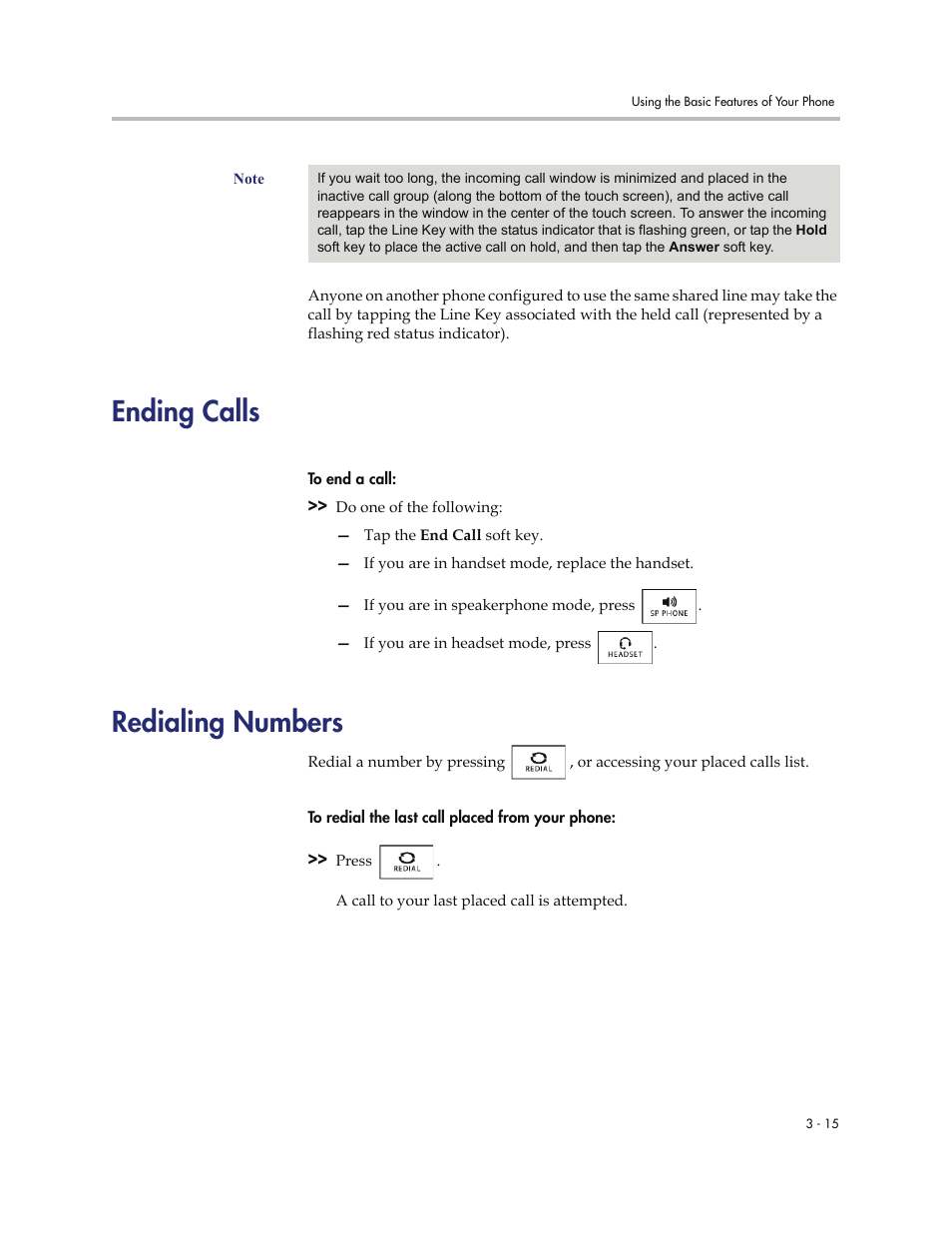 Ending calls, Redialing numbers, Ending calls -15 redialing numbers -15 | Polycom VVXTM 1500 User Manual | Page 125 / 208