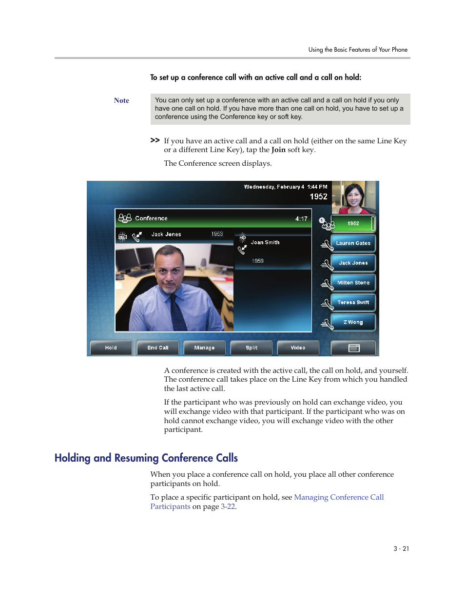 Holding and resuming conference calls, Holding and resuming conference calls -21 | Polycom VVXTM 1500 User Manual | Page 131 / 208