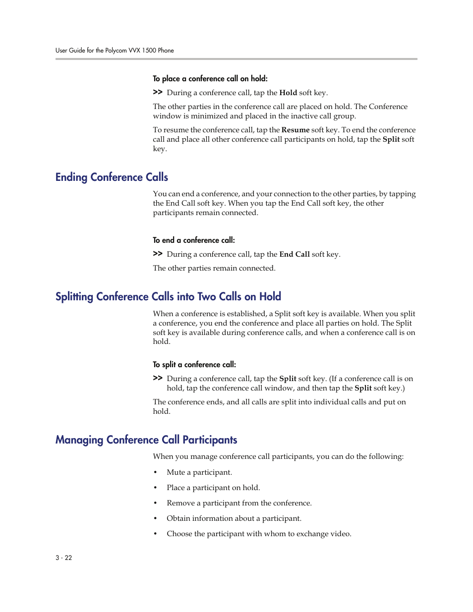 Ending conference calls, Splitting conference calls into two calls on hold, Managing conference call participants | Managing conference, Call participants, Managing conference call, Participants | Polycom VVXTM 1500 User Manual | Page 132 / 208