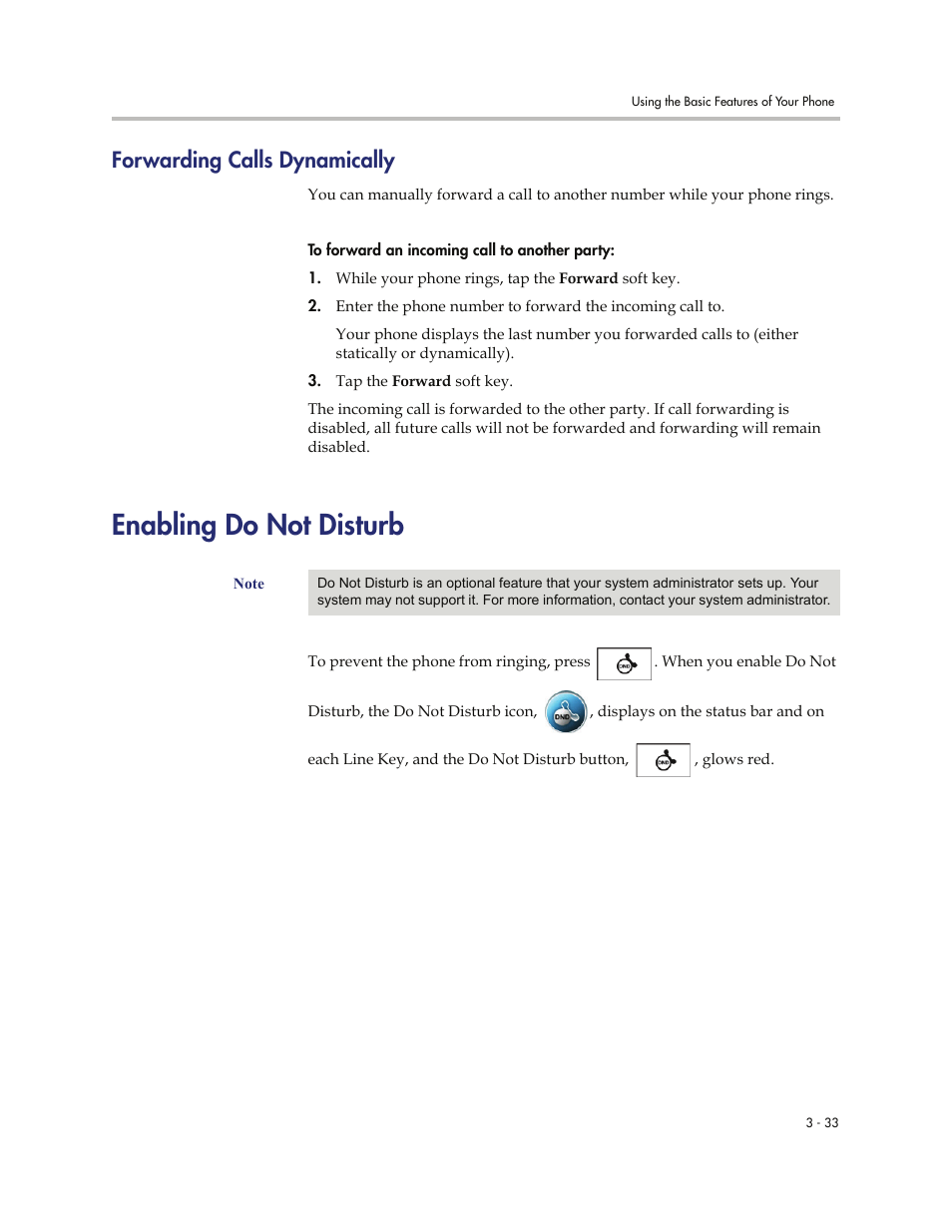 Forwarding calls dynamically, Enabling do not disturb, Forwarding calls dynamically -33 | Enabling do not disturb -33, Enabling do not, Disturb, Enabling, Do not disturb | Polycom VVXTM 1500 User Manual | Page 143 / 208