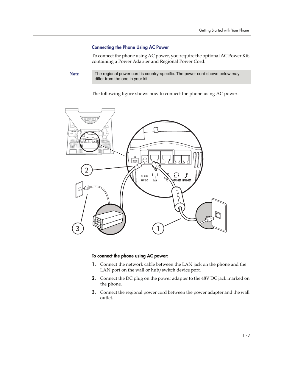 Connecting the phone, Using ac power, Connecting the phone using ac power | Polycom VVXTM 1500 User Manual | Page 15 / 208