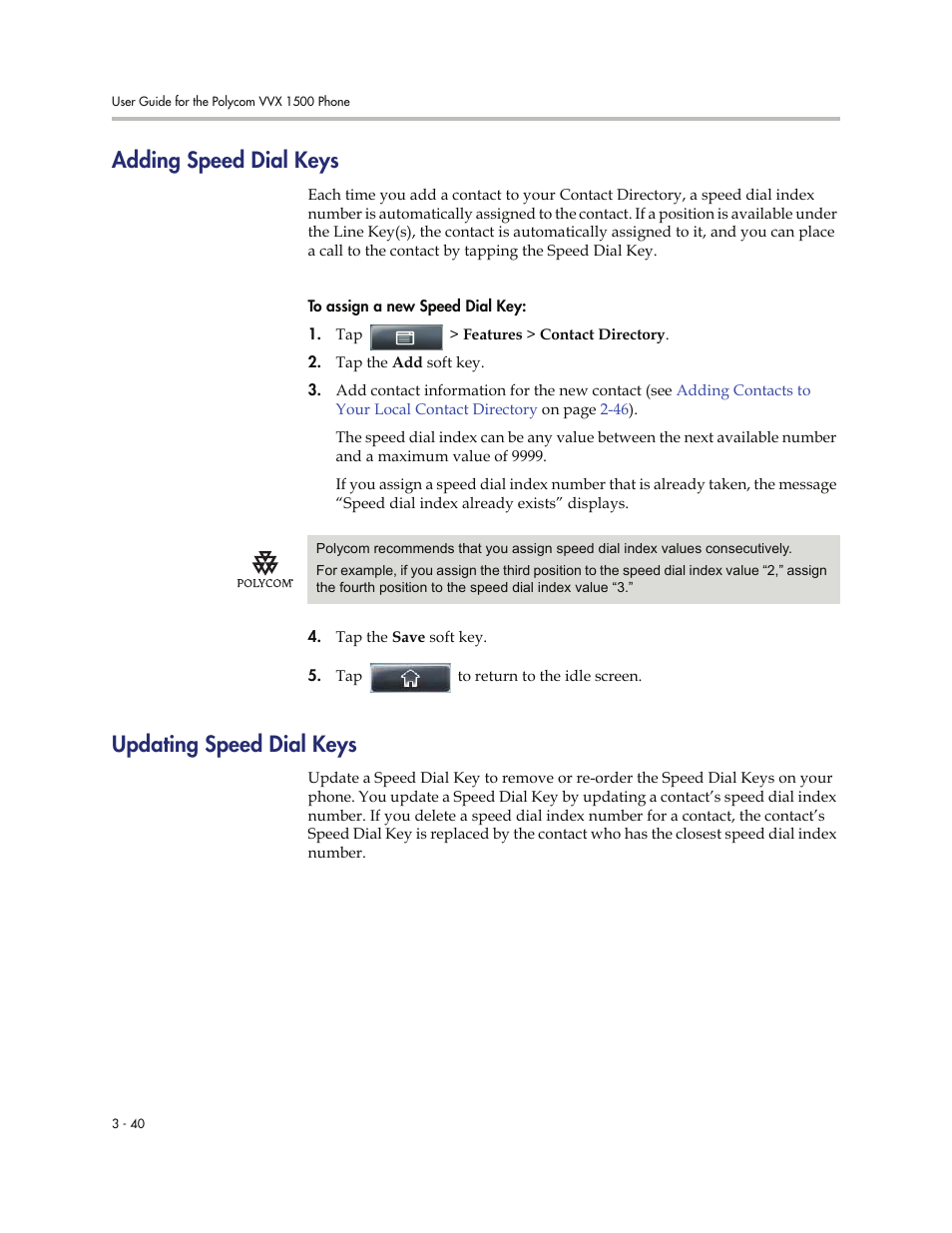 Adding speed dial keys, Updating speed dial keys | Polycom VVXTM 1500 User Manual | Page 150 / 208