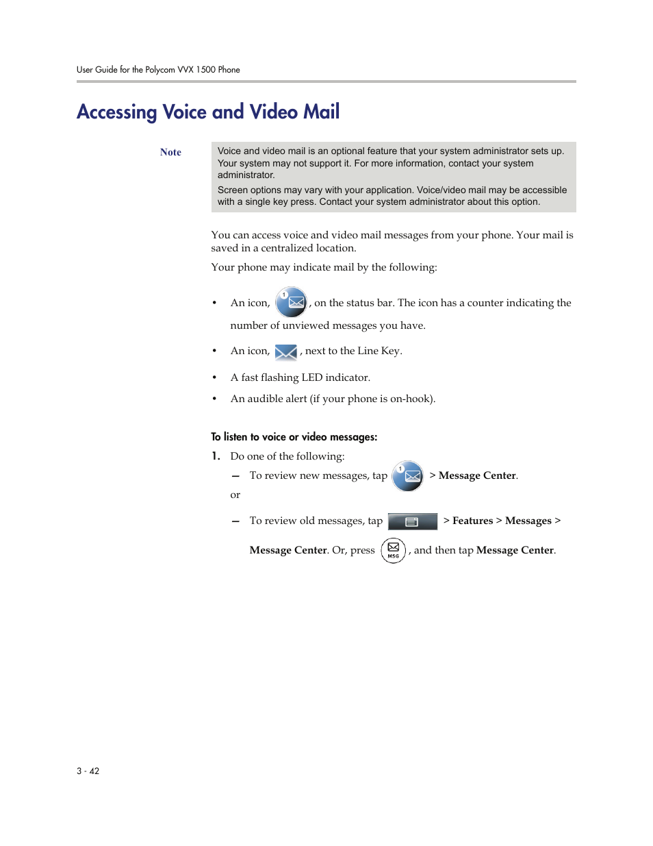 Accessing voice and video mail, Accessing voice and video mail -42, Accessing voice | And video mail | Polycom VVXTM 1500 User Manual | Page 152 / 208