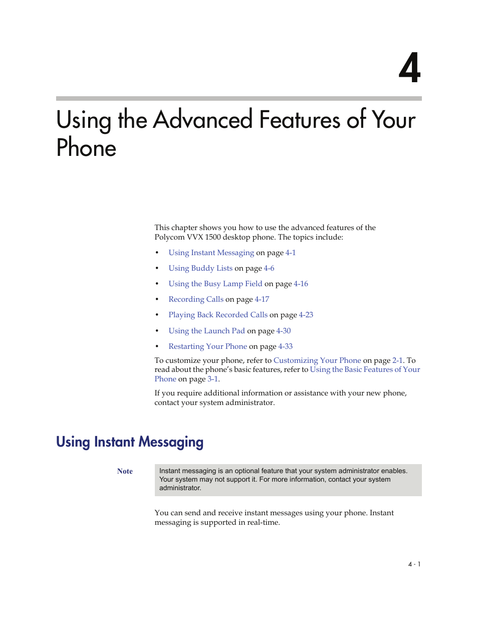 Using the advanced features of your phone, Using instant messaging, 4 using the advanced features of your phone -1 | Using instant messaging -1, Using the, Advanced features of your phone, Using instant, Messaging, Using the advanced features of, Your phone | Polycom VVXTM 1500 User Manual | Page 155 / 208