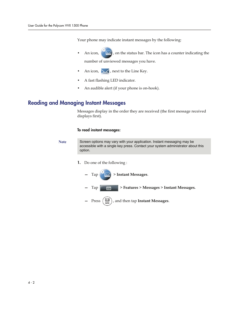 Reading and managing instant messages, Reading and managing instant messages -2 | Polycom VVXTM 1500 User Manual | Page 156 / 208