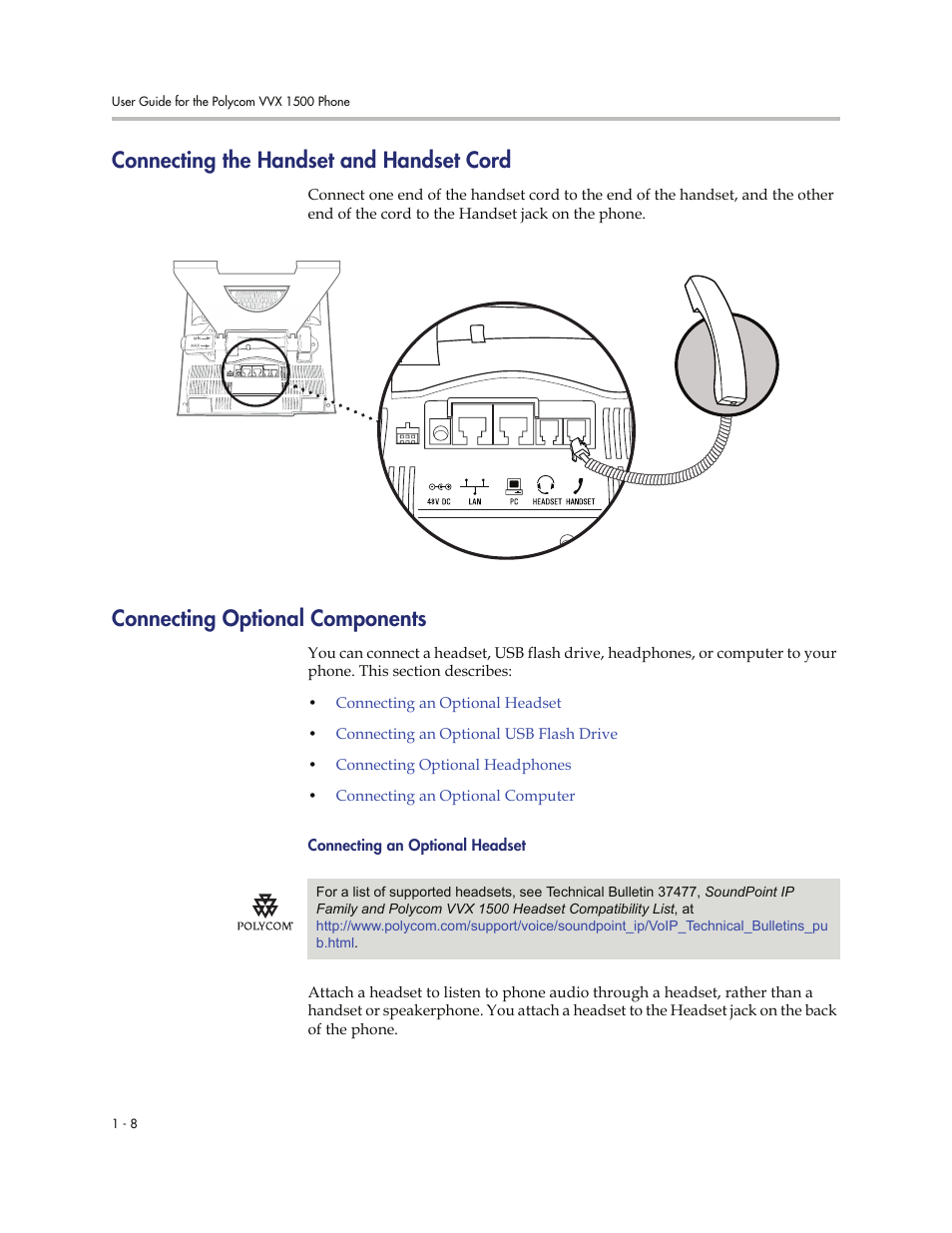 Connecting the handset and handset cord, Connecting optional components, Connecting the handset and handset | Cord | Polycom VVXTM 1500 User Manual | Page 16 / 208