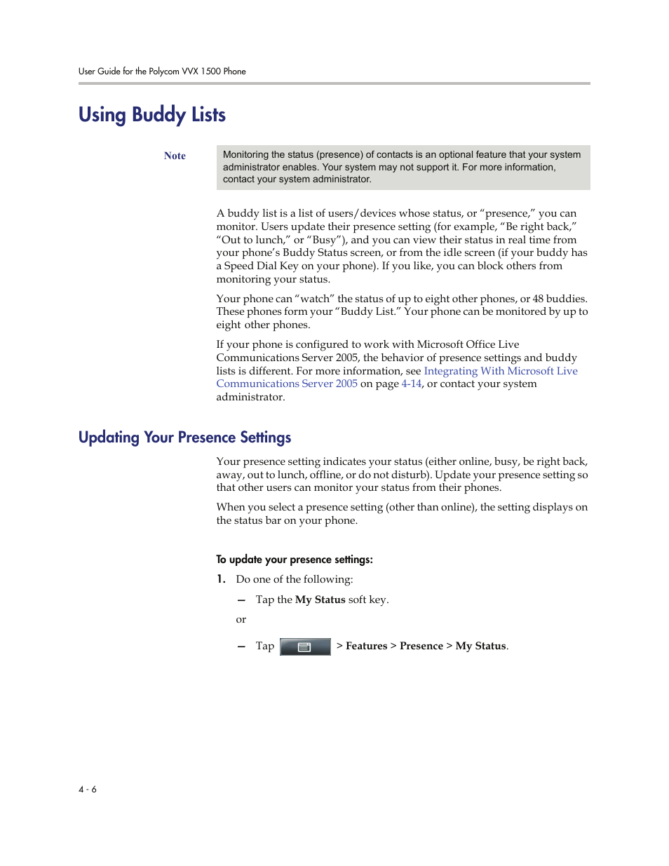 Using buddy lists, Updating your presence settings, Using buddy lists -6 | Updating your presence settings -6 | Polycom VVXTM 1500 User Manual | Page 160 / 208