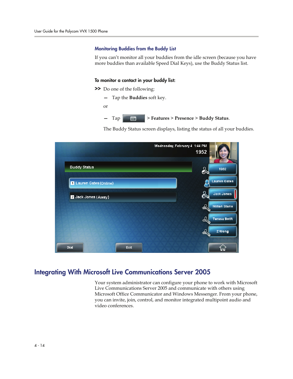 Integrating, With microsoft live communications server 2005 | Polycom VVXTM 1500 User Manual | Page 168 / 208