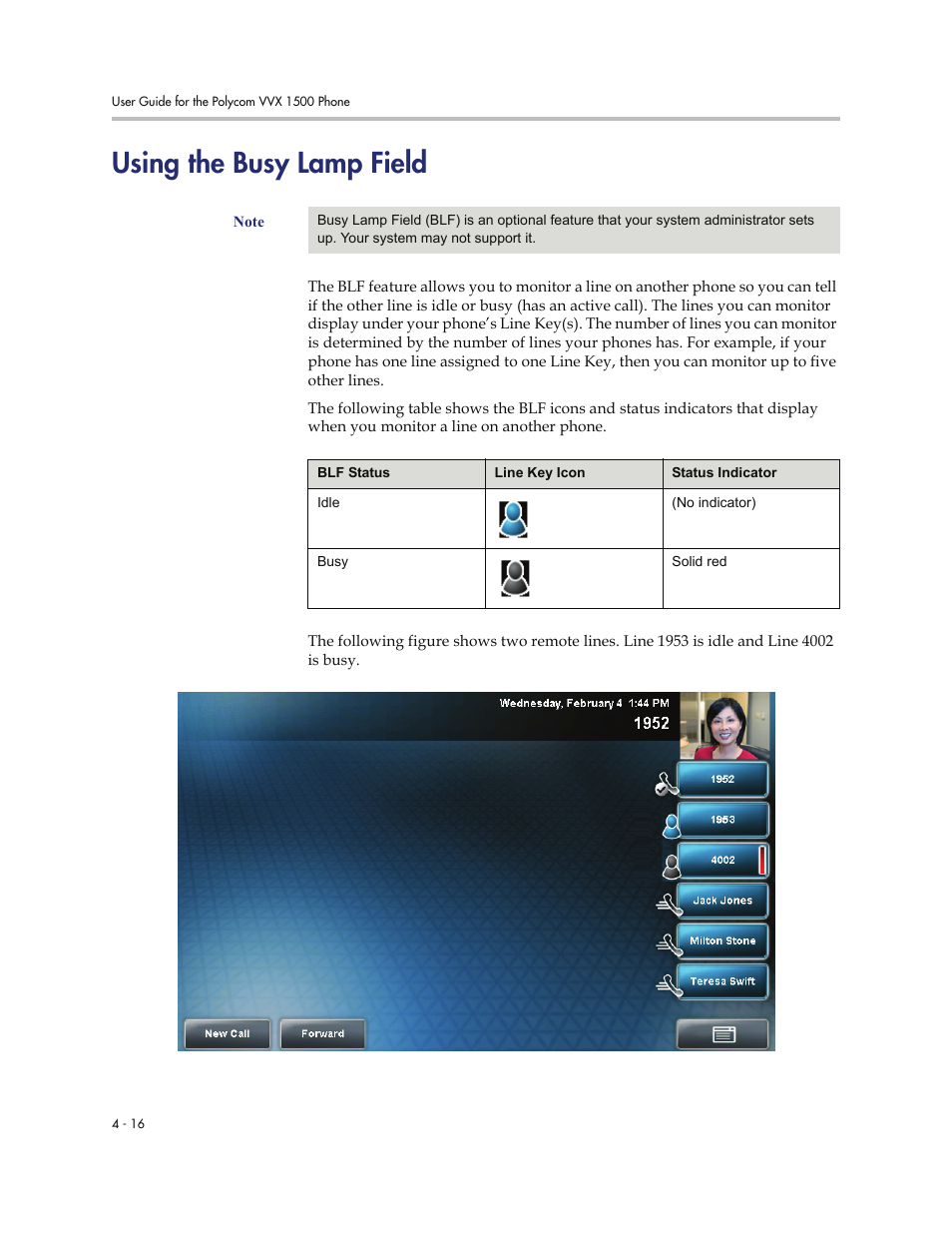 Using the busy lamp field, Using the busy lamp field -16 | Polycom VVXTM 1500 User Manual | Page 170 / 208