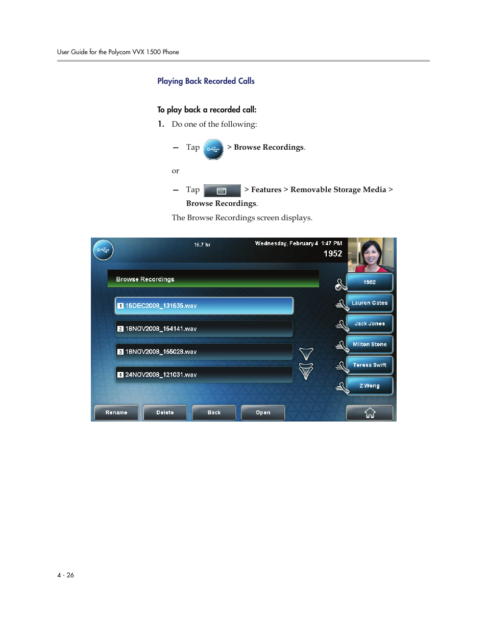 Playing back recorded calls | Polycom VVXTM 1500 User Manual | Page 180 / 208