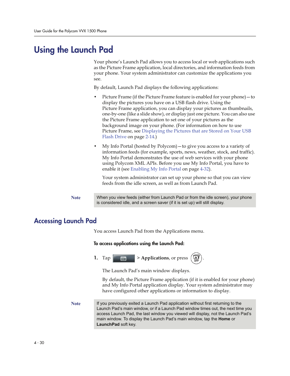 Using the launch pad, Accessing launch pad, Using the launch pad -30 | Accessing launch pad -30, Using the, Launch pad | Polycom VVXTM 1500 User Manual | Page 184 / 208