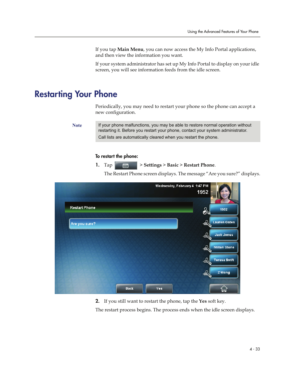 Restarting your phone, Restarting your phone -33, Restarting your | Phone | Polycom VVXTM 1500 User Manual | Page 187 / 208