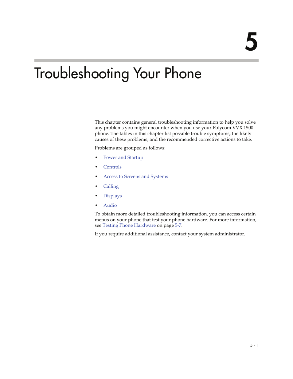 Troubleshooting your phone, 5 troubleshooting your phone -1 | Polycom VVXTM 1500 User Manual | Page 189 / 208