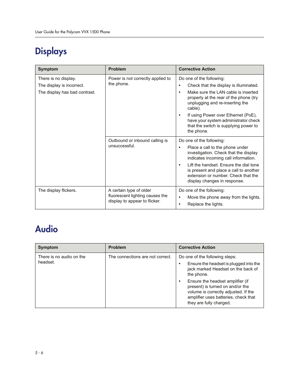 Displays, Audio, Displays -6 audio -6 | Displays audio | Polycom VVXTM 1500 User Manual | Page 194 / 208