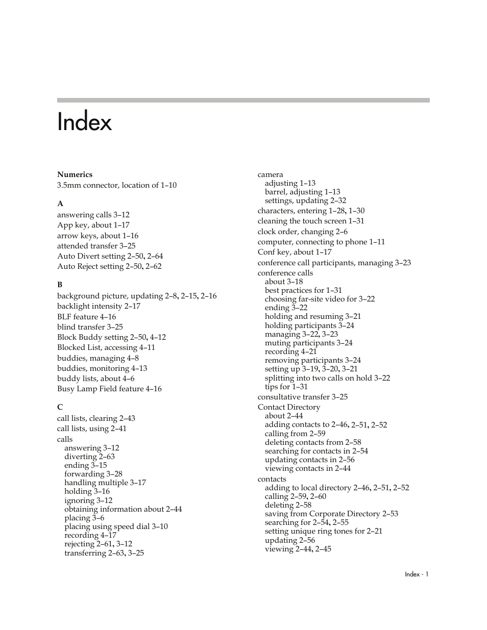 Index | Polycom VVXTM 1500 User Manual | Page 201 / 208