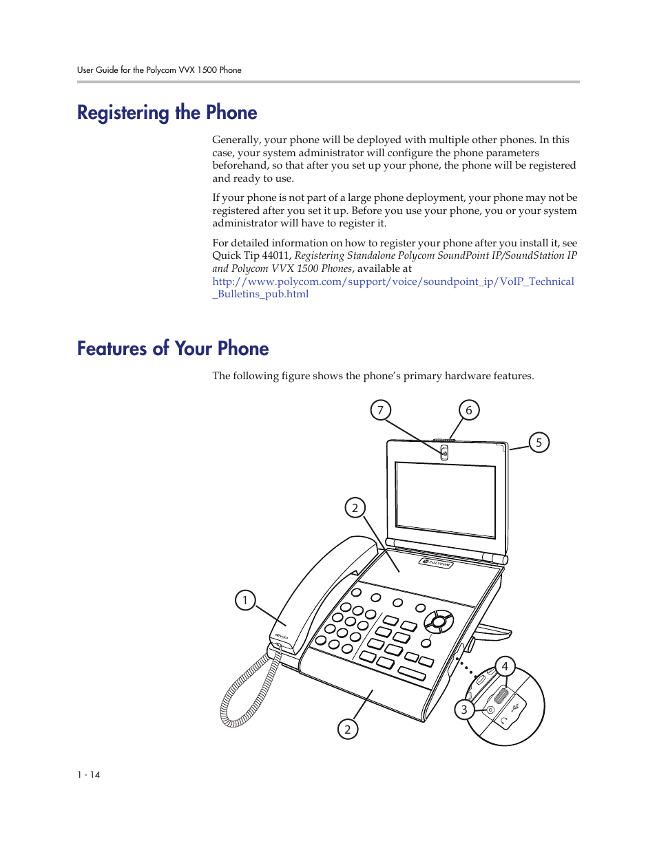 Registering the phone, Features of your phone | Polycom VVXTM 1500 User Manual | Page 22 / 208