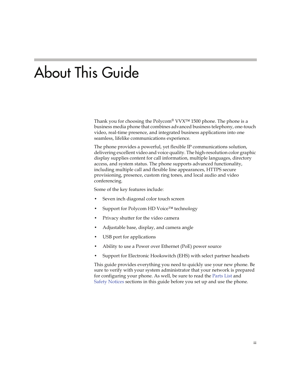 About this guide | Polycom VVXTM 1500 User Manual | Page 3 / 208