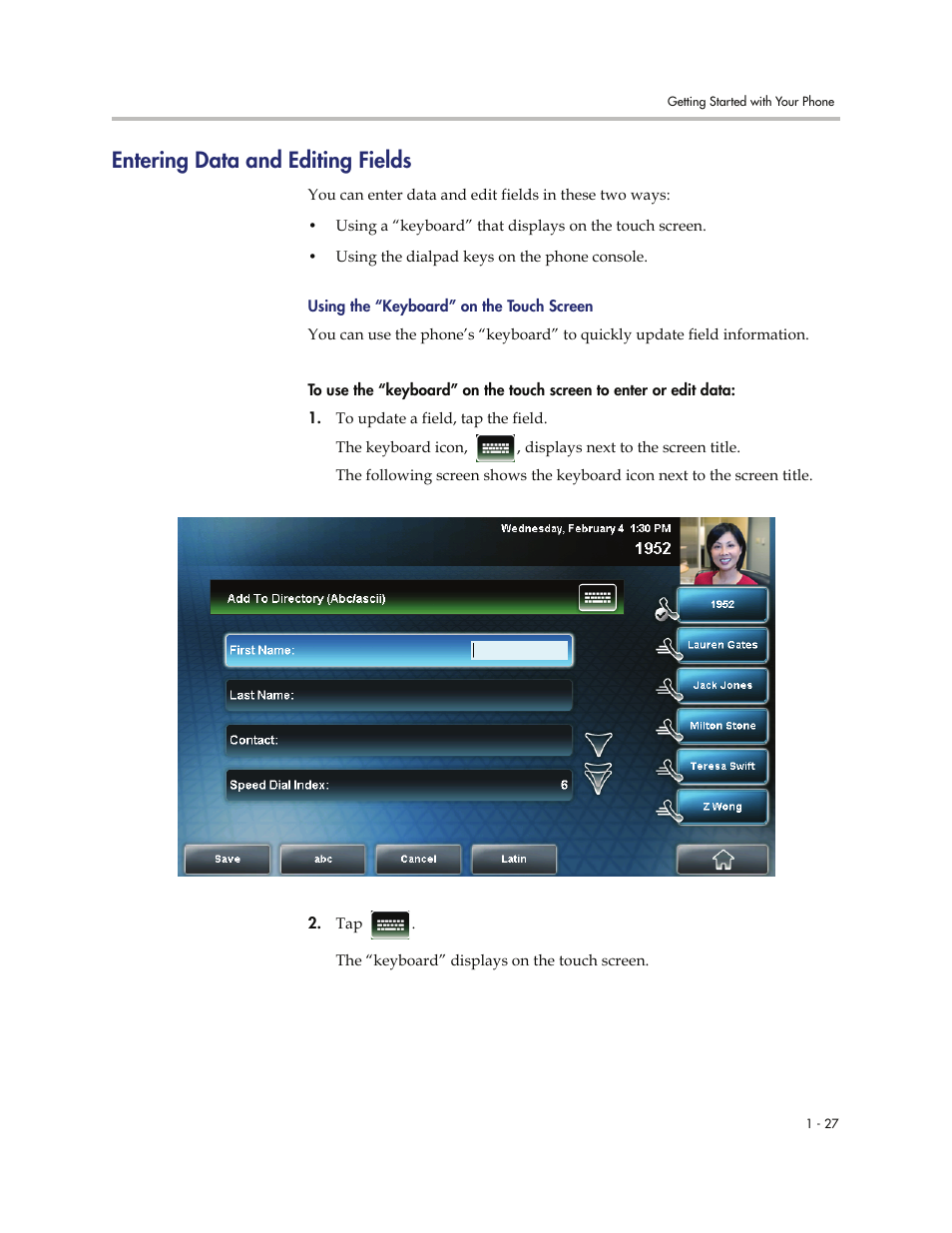 Entering data and editing fields, Entering data and editing fields -27 | Polycom VVXTM 1500 User Manual | Page 35 / 208