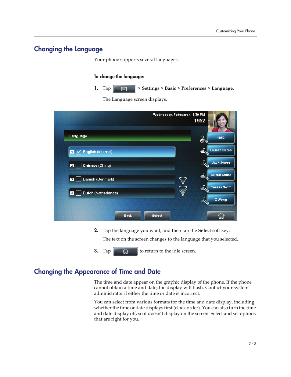 Changing the language, Changing the appearance of time and date | Polycom VVXTM 1500 User Manual | Page 43 / 208