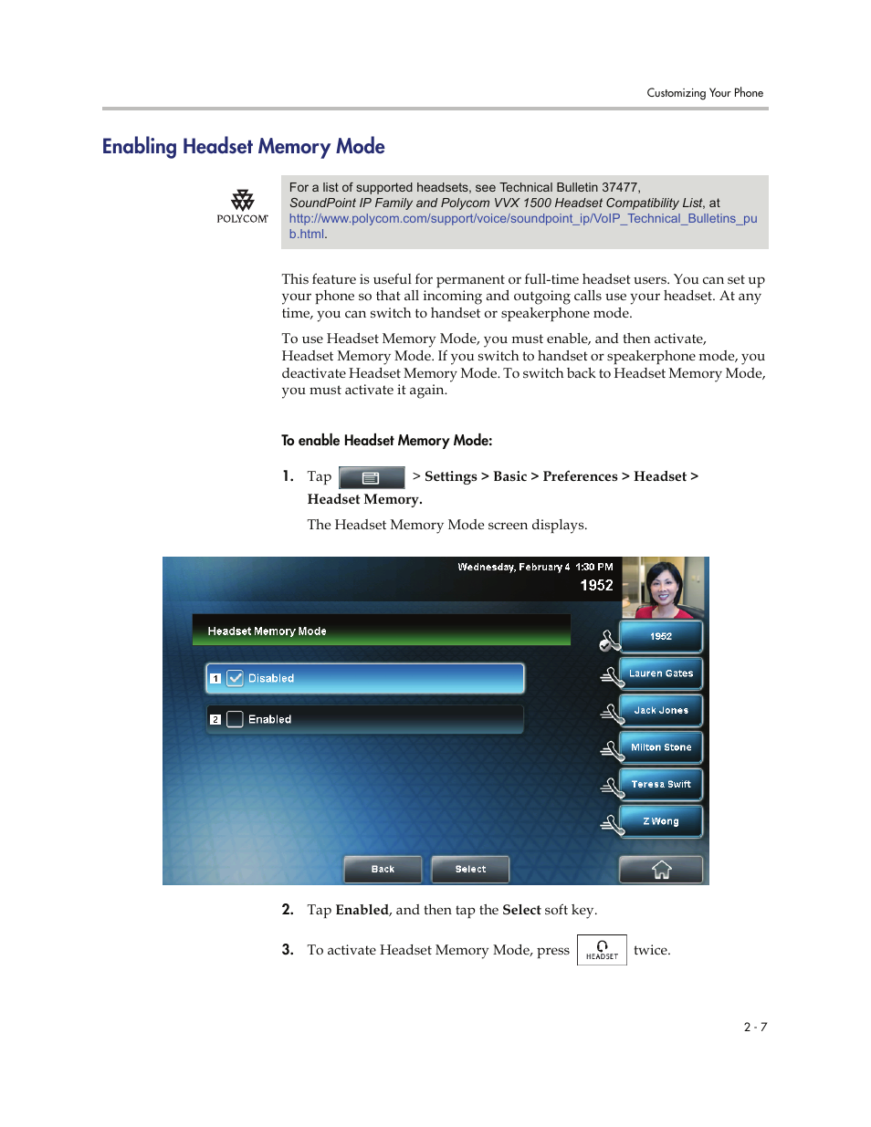 Enabling headset memory mode, Enabling headset memory mode -7 | Polycom VVXTM 1500 User Manual | Page 47 / 208